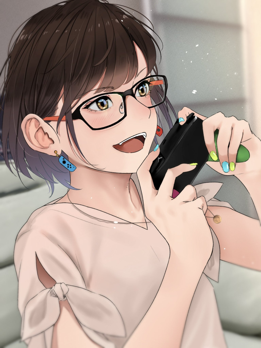 1girl :d bangs black-framed_eyewear blurry blurry_background blush brown_eyes brown_hair controller couch glasses highres holding holding_controller indoors jewelry necklace open_mouth original saitou_(lynx-shrike) shirt short_hair short_sleeves sitting smile solo white_shirt