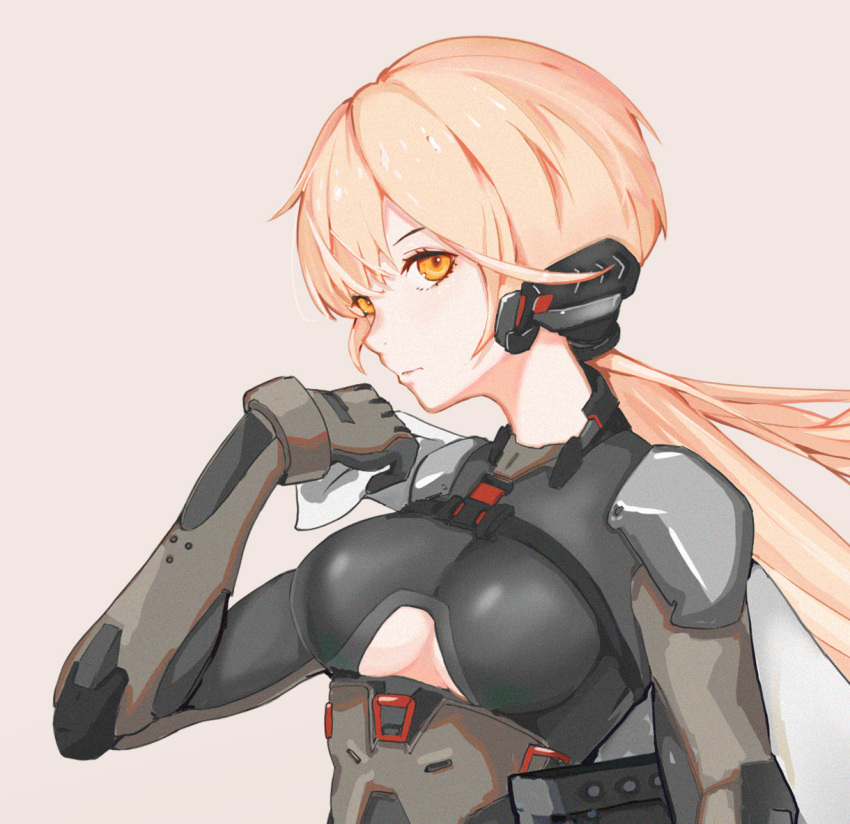 1girl alternate_costume armor blonde_hair breasts closed_mouth eyebrows_visible_through_hair girls_frontline girls_frontline_2:_exilium gloves grey_gloves headphones long_hair looking_at_viewer medium_breasts mo_geng ots-14_(girls_frontline) simple_background solo_focus under_boob yellow_eyes