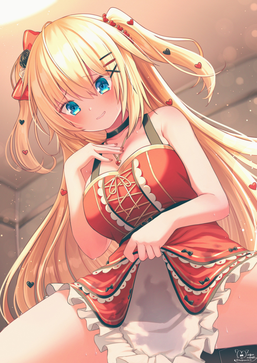 1girl akai_haato bangs black_choker black_neckwear blonde_hair blue_eyes blurry blurry_background blush breasts choker clothes_lift commentary_request cowboy_shot dress dress_lift eyebrows_visible_through_hair hair_between_eyes hair_ornament hand_on_own_chest hand_up heart heart_hair_ornament highres hololive indoors jewelry large_breasts lifted_by_self light_particles long_hair magowasabi nail_polish necklace parted_lips red_dress red_nails signature solo twitter_username two_side_up very_long_hair virtual_youtuber wet wet_clothes x_hair_ornament