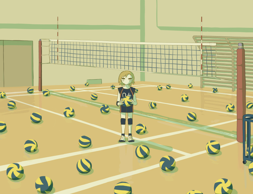 1other absurdres ambiguous_gender avogado6 ball commentary_request highres holding holding_ball indoors jersey knee_pads looking_at_viewer original shoes short_shorts shorts solo sportswear standing volleyball volleyball_net volleyball_uniform white_eyes wide_shot