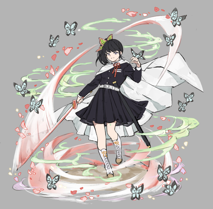 1girl bangs belt black_hair black_skirt boots breasts bug butterfly butterfly_hair_ornament butterfly_on_hand cape closed_mouth cross-laced_footwear grey_background hair_ornament highres holding holding_sword holding_weapon insect katana kimetsu_no_yaiba knee_boots lace-up_boots long_hair long_sleeves papajay_(jennygin2) petals pleated_skirt ponytail sheath side_ponytail simple_background skirt sword tsuyuri_kanao violet_eyes weapon white_belt white_cape white_footwear