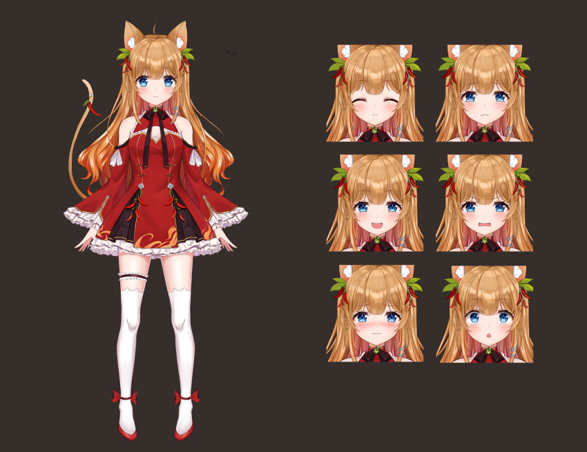 1girl :3 :d :o ^_^ absurdres angry animal_ear_fluff animal_ear_legwear animal_ears blush brown_hair cat_ears cat_tail chili_pepper_hair_ornament closed_eyes dress expressions frilled_dress frilled_sleeves frills frown full_body gradient_hair highres leg_garter live2d long_hair multicolored_hair open_mouth orange_hair original qingtang_mala sad smile standing tail thigh-highs v-shaped_eyebrows white_legwear wide_sleeves zettai_ryouiki