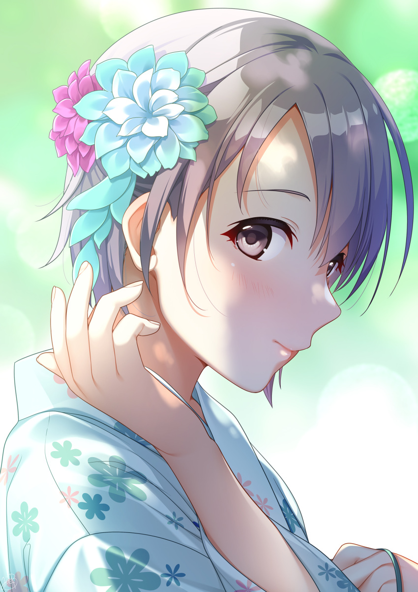 1girl absurdres black_eyes blurry blurry_background commentary_request day floral_print flower glance grey_hair hair_flower hair_ornament highres idolmaster idolmaster_cinderella_girls japanese_clothes kimono looking_at_viewer looking_to_the_side mikapoe otokura_yuuki outdoors print_kimono short_hair solo upper_body