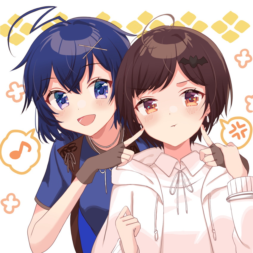 2girls ahoge anger_vein bangs bat_hair_ornament blue_eyes blue_hair blue_shirt borrowed_character brown_eyes brown_gloves brown_hair cheek_poking collared_shirt commentary_request commission earrings eighth_note eyebrows_visible_through_hair fingerless_gloves gloves hair_ornament hand_on_another's_hand hida6_sork highres jacket jewelry long_sleeves looking_at_viewer multiple_girls musical_note nail_polish necklace open_mouth original pink_nails poking shirt short_hair short_sleeves smile spoken_anger_vein spoken_musical_note upper_body white_background white_jacket white_shirt x_hair_ornament