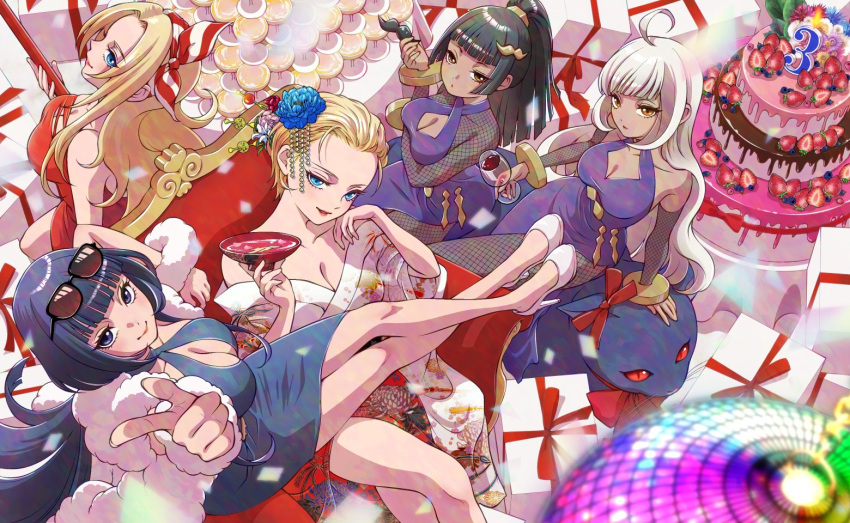 5girls ahoge animal bandana bangs billy_kane black_hair blonde_hair blue_eyes blue_flower blunt_bangs breasts cake candle cat cleavage cleavage_cutout closed_mouth clothing_cutout cup dark-skinned_female dark_skin disco_ball dress drinking_glass eyeliner eyewear_on_head fake_facial_hair fake_mustache fatal_fury flower food forehead geese_howard genderswap genderswap_(mtf) gyudonnoyousei hair_flower hair_ornament hair_slicked_back hakama hakama_skirt hand_up head_rest holding holding_cup holding_mustache japanese_clothes lady_geese_howard lipstick long_hair looking_at_viewer makeup mr_big_(snk) multiple_girls original_zero pastry pointing pointing_at_viewer ponytail pretty_big pretty_billy_kane pretty_zero_(clone) pretty_zero_(original) purple_dress red_dress red_lips ryuuko_no_ken short_hair sitting skirt smile smirk snk the_king_of_fighters the_king_of_fighters_all-stars throne zero_(kof)