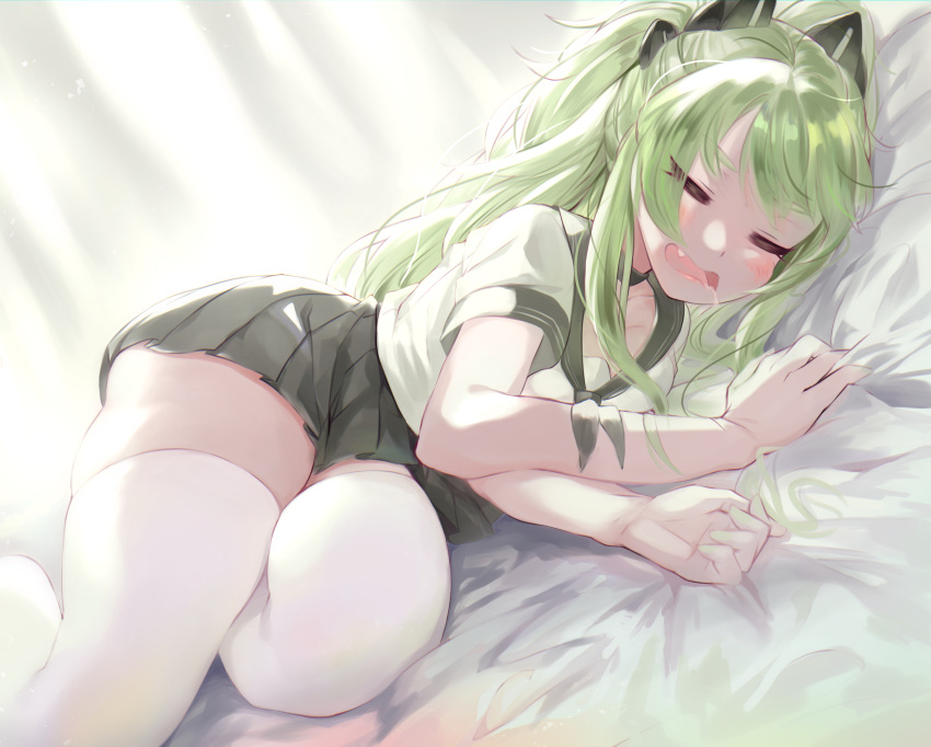 1girl absurdres alternate_costume bed_sheet black_sailor_collar black_skirt blush choker closed_eyes commentary_request drooling fang girls_frontline green_hair green_nails headgear highres long_hair lying m950a_(girls_frontline) mod3_(girls_frontline) nail_polish on_side open_mouth sailor_collar school_uniform serafuku short_sleeves skindentation skirt sleeping solo thick_thighs thigh-highs thighs torriet twintails white_legwear