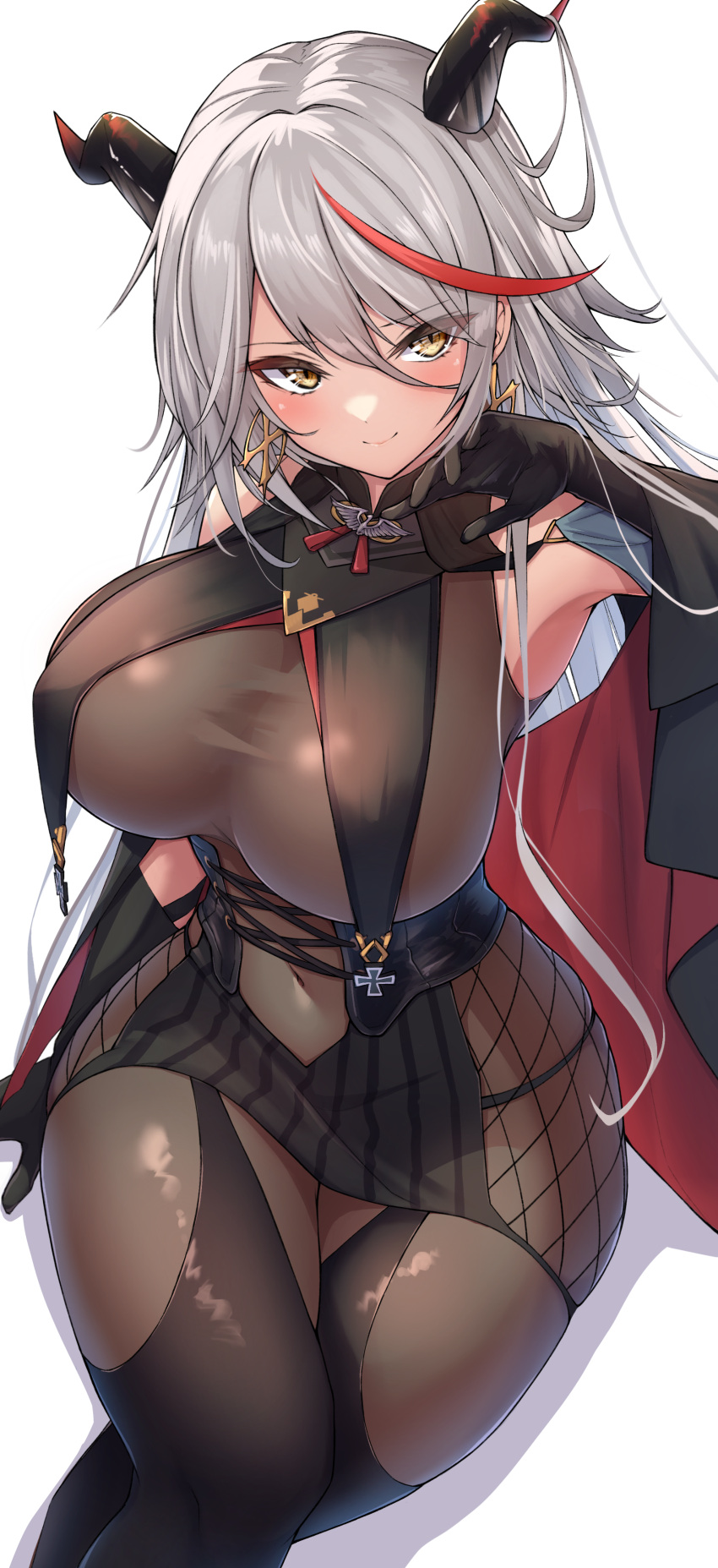 1girl absurdres aegir_(azur_lane) azur_lane bare_shoulders black_gloves blush bodysuit breasts closed_mouth covered_navel crossed_legs earrings elbow_gloves eyebrows_visible_through_hair gloves grey_hair hair_between_eyes highres horns jewelry large_breasts long_hair looking_at_viewer multicolored_hair oserotto red_eyes simple_background smile solo streaked_hair thighs white_background yellow_eyes