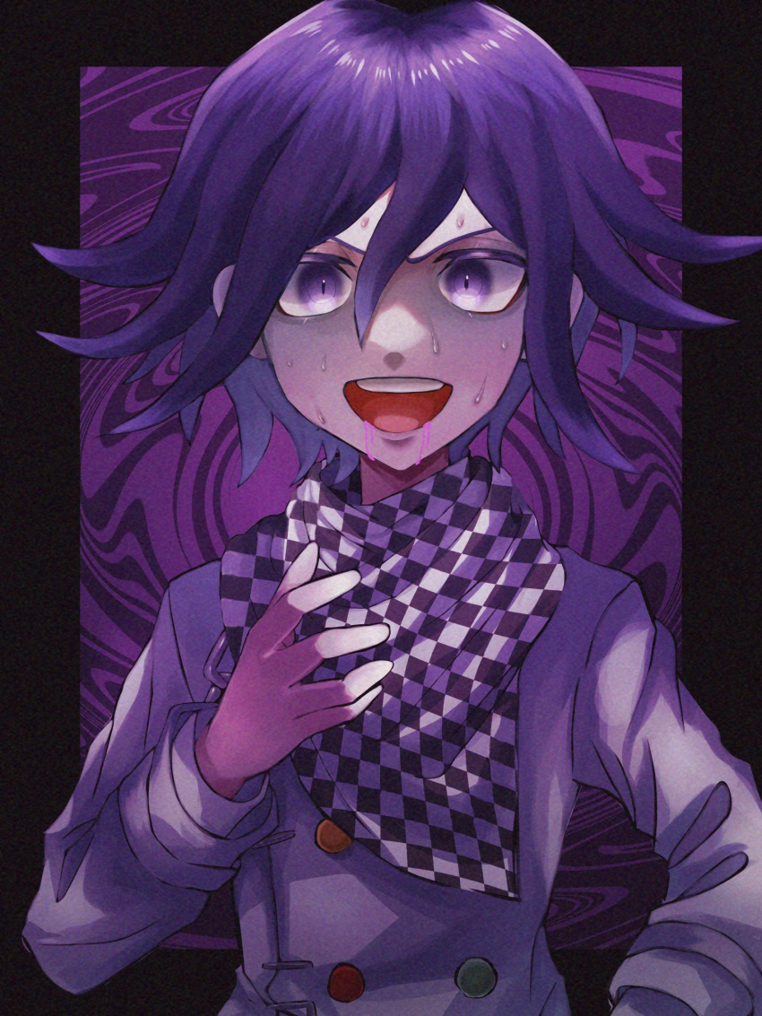 1boy :d bangs black_border black_scarf blood blood_from_mouth blush border buttons checkered checkered_neckwear checkered_scarf dangan_ronpa_(series) dangan_ronpa_v3:_killing_harmony double-breasted flipped_hair grey_jacket hair_between_eyes hand_up highres iwashi_(kamekazusa) jacket long_sleeves looking_at_viewer open_mouth ouma_kokichi pink_blood purple_background purple_hair scarf shiny shiny_hair smile solo sweat upper_body upper_teeth v-shaped_eyebrows violet_eyes white_scarf