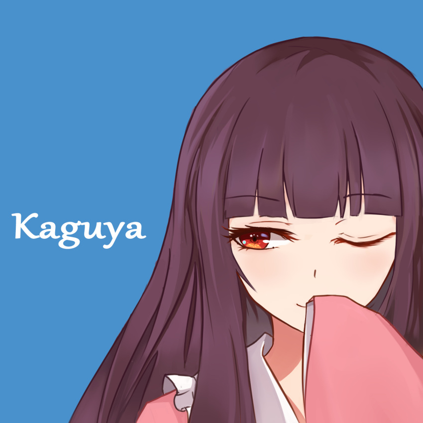 1girl bangs blouse blue_background brown_hair character_name closed_mouth collar eyebrows_visible_through_hair hand_up highres houraisan_kaguya long_hair long_sleeves looking_to_the_side no_hat no_headwear one_eye_closed pink_blouse red_eyes simple_background smile solo touhou upper_body wide_sleeves yongzhe_mei_hong