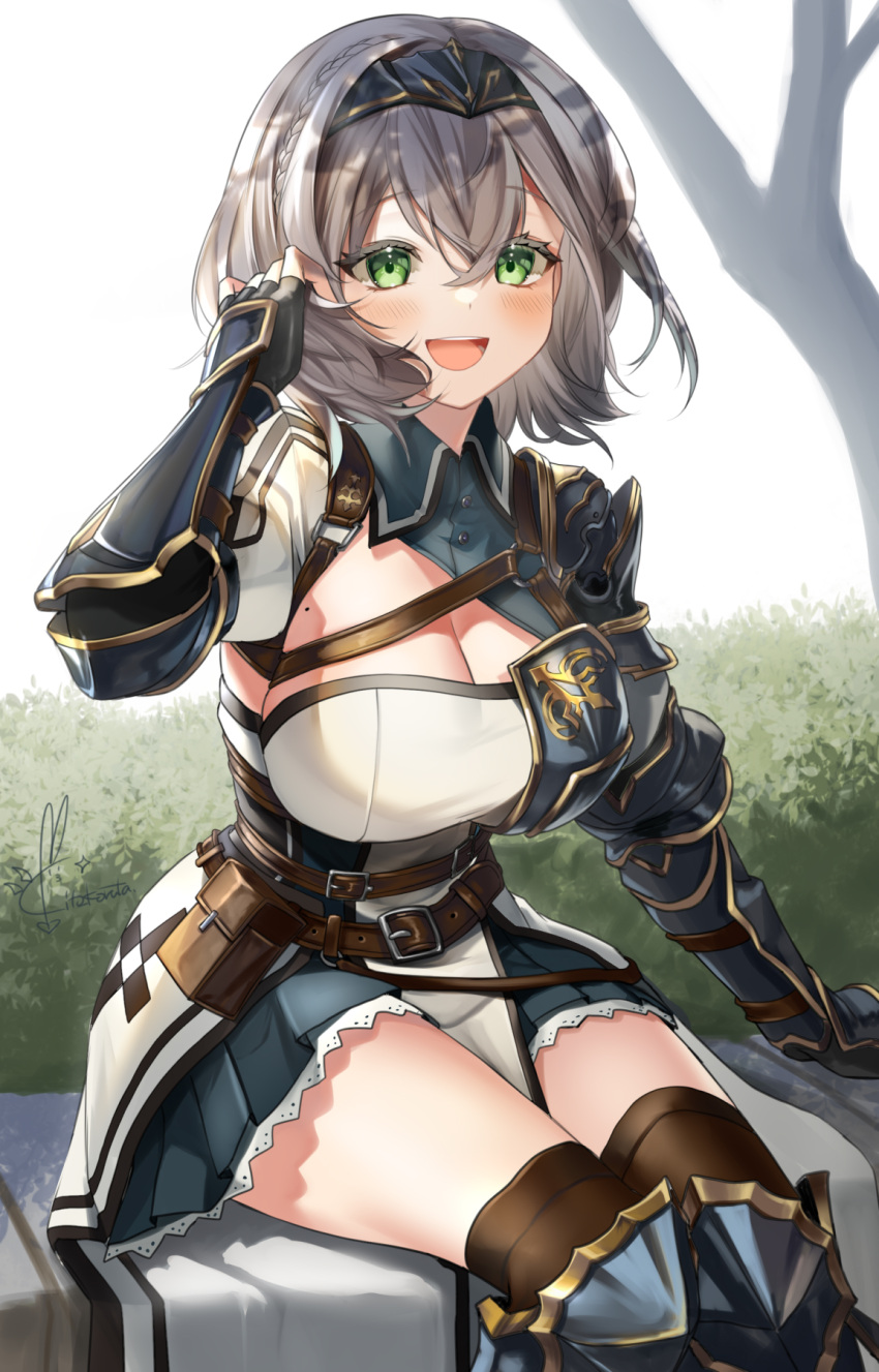 1girl :d armor belt black_gloves blue_skirt blush breasts brown_belt eyebrows_visible_through_hair fingerless_gloves gauntlets gloves green_eyes grey_hair hair_between_eyes headpiece highres hololive kito_koruta large_breasts looking_at_viewer mole mole_on_breast open_mouth shirogane_noel short_hair sitting skirt smile solo thigh-highs thighs virtual_youtuber zettai_ryouiki