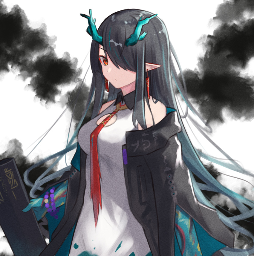 1girl aqua_hair arknights bare_shoulders bead_bracelet beads black_coat black_hair bracelet breasts closed_mouth coat colored_skin dragon_horns dress dusk_(arknights) earrings expressionless gradient_hair green_skin hair_over_one_eye highres holding holding_sheath horns ink jewelry ki_xyoro long_sleeves looking_at_viewer medium_breasts multicolored_hair necktie off_shoulder open_clothes open_coat pointy_ears red_eyes red_neckwear sheath sidelocks solo upper_body white_background white_dress