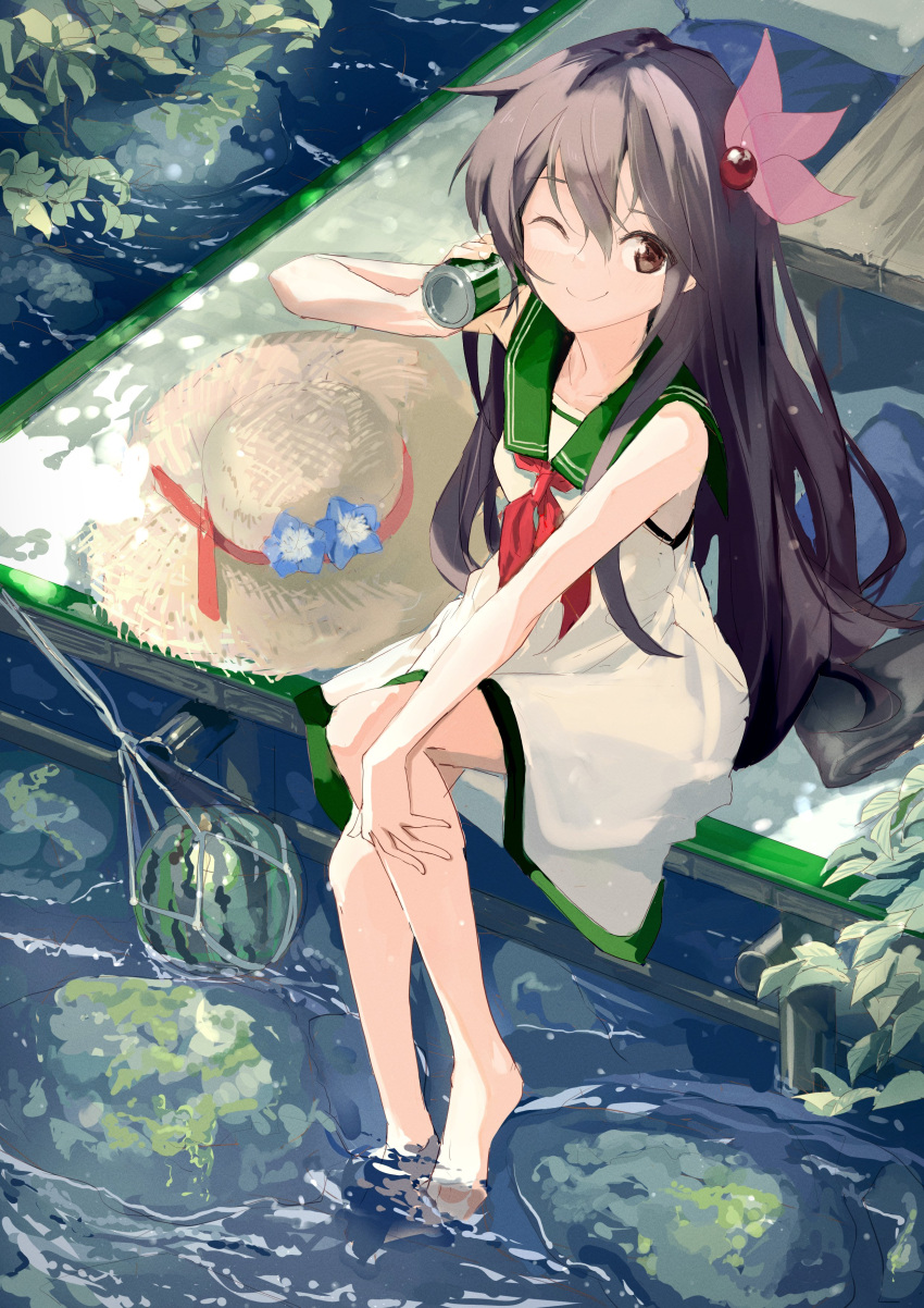 1girl absurdres adapted_costume barefoot breasts brown_hair can chamu_(chammkue) collarbone dress eyebrows_visible_through_hair food from_above fruit full_body green_sailor_collar hair_between_eyes hair_ornament hat hat_removed headwear_removed highres kantai_collection kisaragi_(kancolle) long_hair looking_at_viewer looking_up one_eye_closed plant red_neckwear ribbon river sailor_collar sailor_dress sitting smile soda_can solo sun_hat sundress towel violet_eyes water watermelon