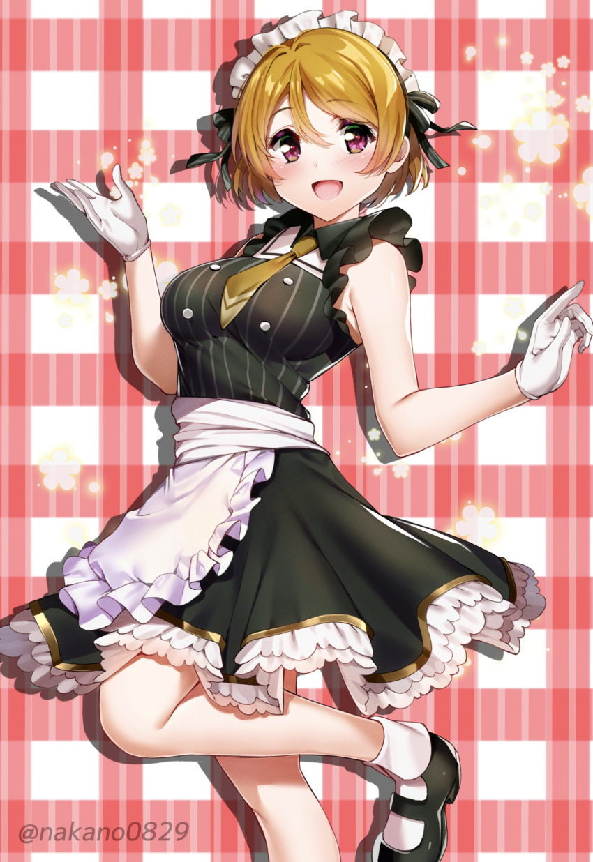 1girl :d alternate_costume black_footwear black_skirt breasts brown_hair brown_neckwear enmaided eyebrows_visible_through_hair gloves hair_between_eyes highres koizumi_hanayo looking_at_viewer love_live! love_live!_school_idol_project maid maid_headdress medium_breasts nakano_maru necktie open_mouth plaid plaid_background shoes short_hair skirt smile solo standing standing_on_one_leg twitter_username violet_eyes white_gloves