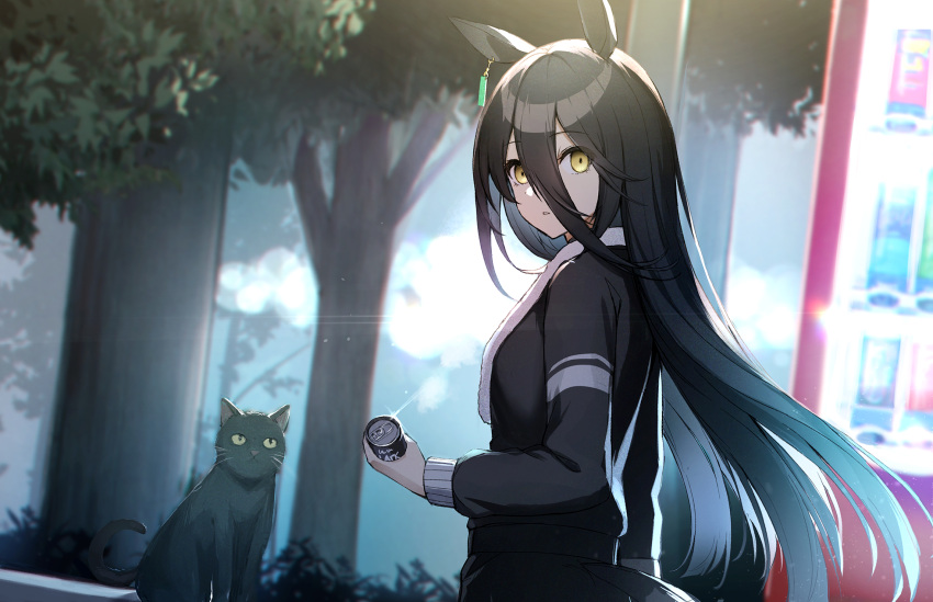 1girl animal_ears bangs black_cat black_hair black_jacket blurry blurry_background can cat commentary_request ear_tag eyebrows_visible_through_hair from_side hair_between_eyes highres holding holding_can horse_ears horse_girl jacket kagerou_(gigayasoma) long_hair long_sleeves looking_at_viewer looking_to_the_side manhattan_cafe_(umamusume) outdoors parted_lips solo towel towel_around_neck tree umamusume upper_body vending_machine very_long_hair yellow_eyes