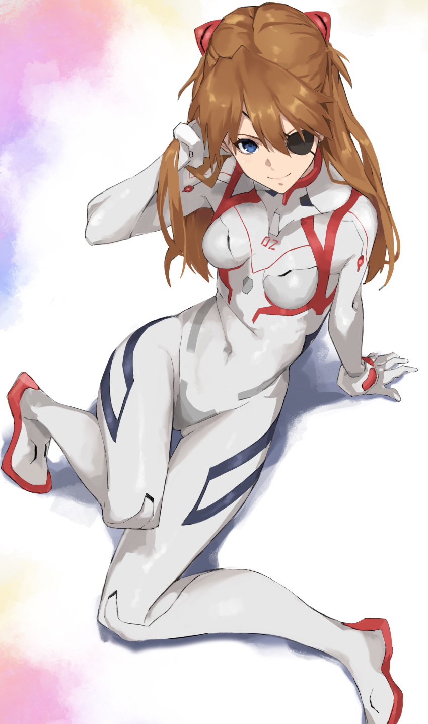 1girl absurdres bangs black_eyepatch blue_eyes bodysuit breasts brown_hair closed_mouth covered_navel evangelion:_3.0+1.0_thrice_upon_a_time eyepatch hair_between_eyes hairpods hand_in_hair highres long_hair looking_at_viewer neon_genesis_evangelion number pilot_suit plugsuit pretty-purin720 rebuild_of_evangelion small_breasts smile solo souryuu_asuka_langley white_bodysuit