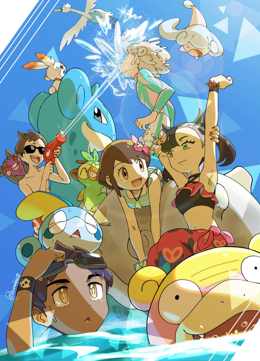 2girls 3boys :d absurdres arm_up bangs bede_(pokemon) blue_shirt bracelet bright_pupils brown_eyes brown_hair bubble choker closed_mouth commentary_request dark-skinned_male dark_skin day eyelashes flower galarian_form galarian_slowpoke gen_1_pokemon gen_5_pokemon gen_8_pokemon gloria_(pokemon) goggles goggles_on_head green_eyes grookey hair_flower hair_ornament hatenna highres holding holding_water_gun hop_(pokemon) hungry_seishin jewelry lapras lens_flare male_swimwear marnie_(pokemon) medium_hair morpeko morpeko_(hangry) multiple_boys multiple_girls nail_polish navel necklace official_alternate_costume on_head open_mouth outdoors pink_flower pokemon pokemon_(creature) pokemon_(game) pokemon_masters_ex pokemon_on_head pokemon_swsh purple_hair raised_eyebrows red_nails riding riding_pokemon sarong scorbunny shirt shirtless short_hair sleeveless sleeveless_shirt smile sobble sparkle starter_pokemon_trio sunglasses swanna swim_trunks swimming tongue twintails upper_teeth victor_(pokemon) water water_gun white_pupils wristband yellow_eyes