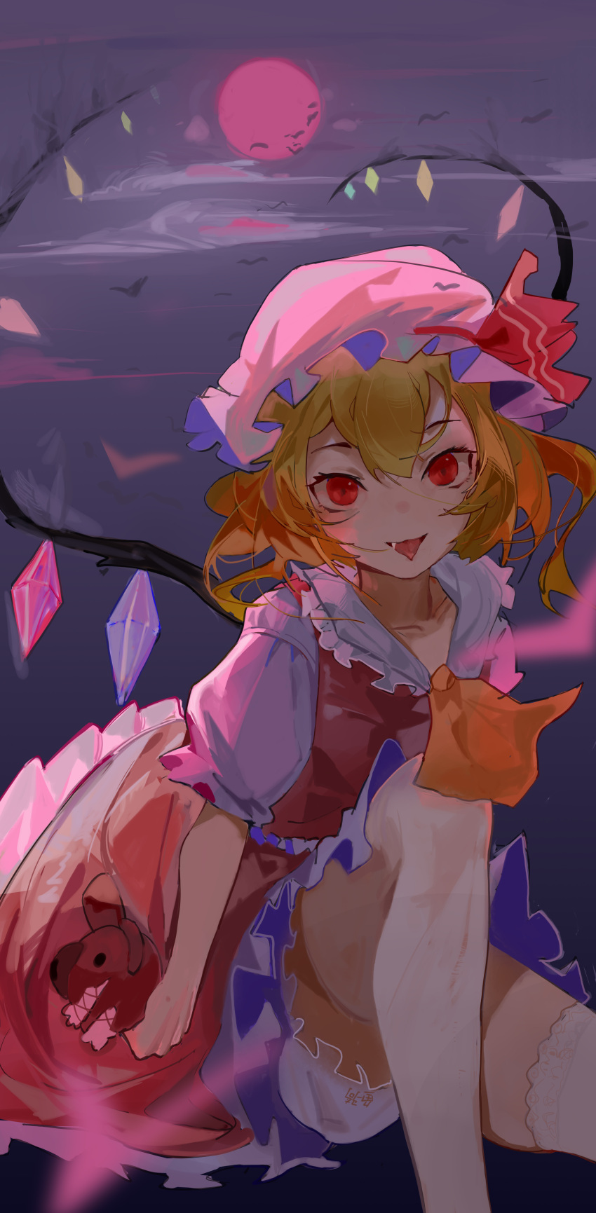 1girl :p absurdres bangs bat blonde_hair bloomers clouds collarbone crystal fang feet_out_of_frame fish_(red_star_child) flandre_scarlet flat_chest frilled_shirt_collar frills full_moon hat hat_ribbon highres holding holding_stuffed_toy knee_up looking_at_viewer mob_cap moon night night_sky one_side_up outdoors parted_lips pink_headwear puffy_short_sleeves puffy_sleeves red_eyes red_moon red_ribbon red_skirt red_vest ribbon short_hair short_sleeves single_thighhigh sitting skirt skirt_set sky solo stuffed_animal stuffed_toy teddy_bear thigh-highs tongue tongue_out touhou tsurime underwear vest white_legwear wings