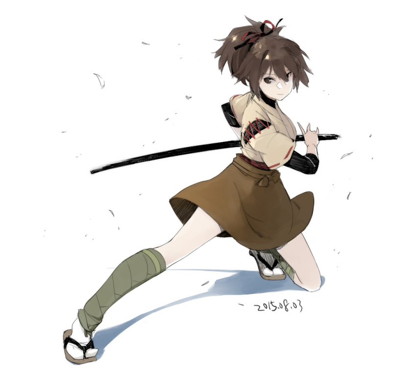 1girl bangs brown_eyes brown_hair brown_hakama chagen_kokimu closed_mouth dated hair_between_eyes hair_ribbon hakama hakama_skirt holding holding_sheath holding_sword holding_weapon ise_(kancolle) japanese_clothes kantai_collection katana one_knee ponytail ribbon ribbon-trimmed_sleeves ribbon_trim sheath simple_background solo sword undershirt unsheathing weapon white_background