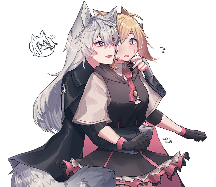 2girls ? ?? animal_ears arknights bangs black_dress black_gloves black_jacket black_nails blonde_hair commentary_request dated dress fang fingerless_gloves gloves grey_eyes grey_gloves hair_between_eyes highres hug hug_from_behind jacket kawaii_inu5 lappland_(arknights) layered_sleeves long_hair long_sleeves looking_at_another multiple_girls nail_polish necktie open_mouth petticoat pink_eyes pink_neckwear scar scar_across_eye short_over_long_sleeves short_sleeves silver_hair simple_background skin_fang sora_(arknights) spoken_character sweat tail texas_(arknights) white_background wolf_ears wolf_tail yuri