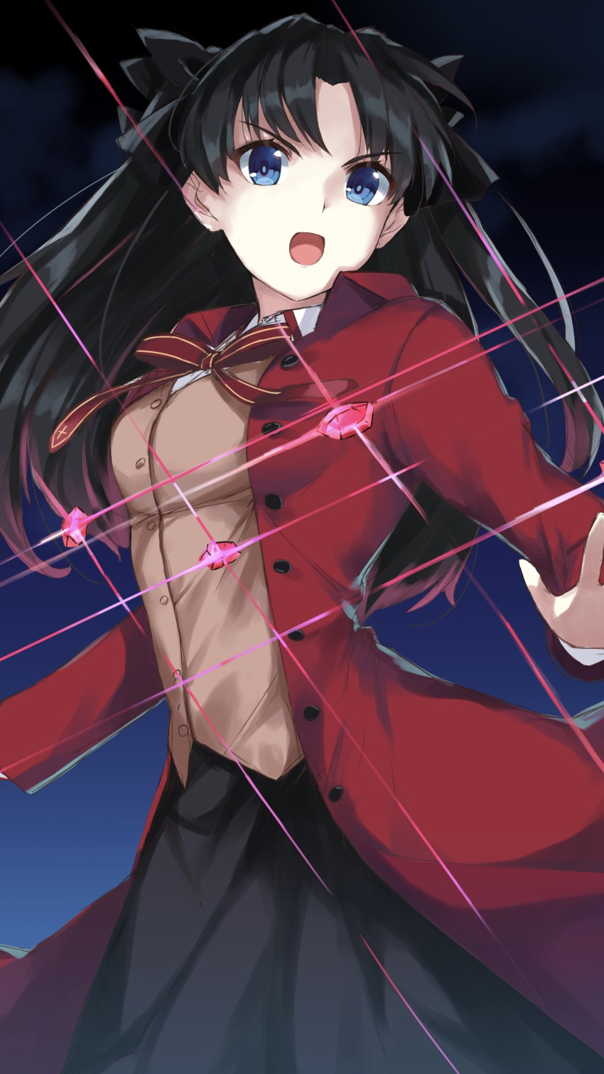 1girl absurdres bangs beige_vest black_hair black_ribbon blue_eyes breasts brown_vest coat cowboy_shot fate/stay_night fate_(series) gem hair_ribbon highres homurahara_academy_uniform jacket long_hair magic marie_(pixiv31942978) neck_ribbon open_mouth red_coat red_jacket ribbon solo tohsaka_rin two_side_up vest