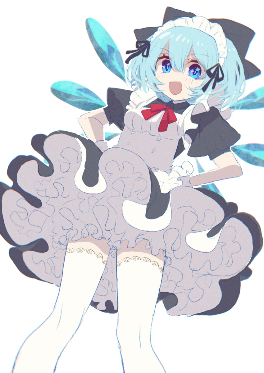 1girl absurdres alternate_costume apron bangs blue_eyes blue_hair bow cirno collar dress enmaided eyebrows_visible_through_hair eyes_visible_through_hair frills gloves grey_bow grey_dress hair_between_eyes hands_on_hips highres holding ice ice_wings looking_at_viewer maid maid_headdress open_mouth puffy_short_sleeves puffy_sleeves red_bow red_neckwear shocho_(shaojiujiu) short_sleeves simple_background smile solo standing thigh-highs touhou white_apron white_background white_gloves white_legwear wings