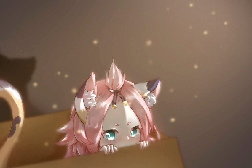 1girl bangs_pinned_back blurry box cardboard_box commentary_request depth_of_field diona_(genshin_impact) forehead forever_icefox genshin_impact green_eyes hair_ribbon in_box in_container looking_at_viewer peeking_out pink_hair ribbon short_hair sidelocks simple_background solo tears thick_eyebrows