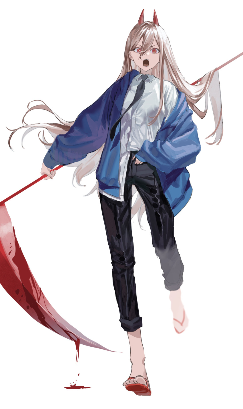 +_+ 1girl absurdres angry black_neckwear black_pants blonde_hair blood blue_jacket chainsaw_man collared_shirt commentary_request demon_horns flip-flops full_body hair_between_eyes highres holding holding_scythe horns jacket korean_commentary long_hair long_sleeves looking_at_viewer necktie open_mouth pants power_(chainsaw_man) red_eyes red_footwear red_horns ringed_eyes sandals scythe sharp_teeth shirt shirt_tucked_in shouting simple_background sleeves_past_wrists solo teeth unye_00 v-shaped_eyebrows walking white_background white_shirt