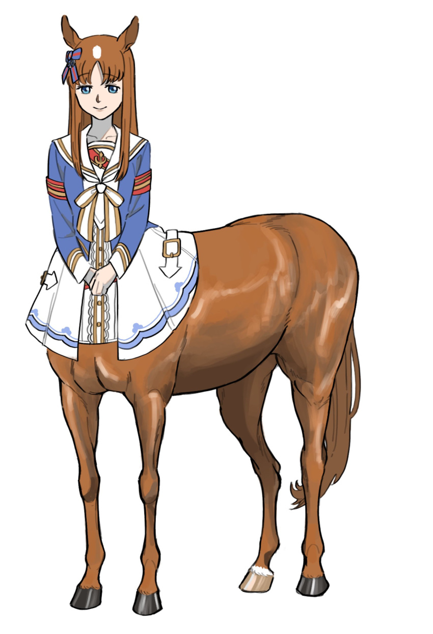 1girl absurdres animal_ears bangs blue_eyes blue_jacket breasts brown_hair centaur center_frills closed_mouth collarbone commentary_request ear_ribbon eyebrows_visible_through_hair frills full_body grass_wonder_(umamusume) highres horse_ears horse_tail jacket long_hair long_sleeves looking_at_viewer monster_girl monsterification multicolored_hair own_hands_together parted_bangs sailor_collar shirt sidelocks simple_background skirt small_breasts smile solo standing tail taur two-tone_hair umamusume white_background white_hair white_sailor_collar white_skirt yatta-san