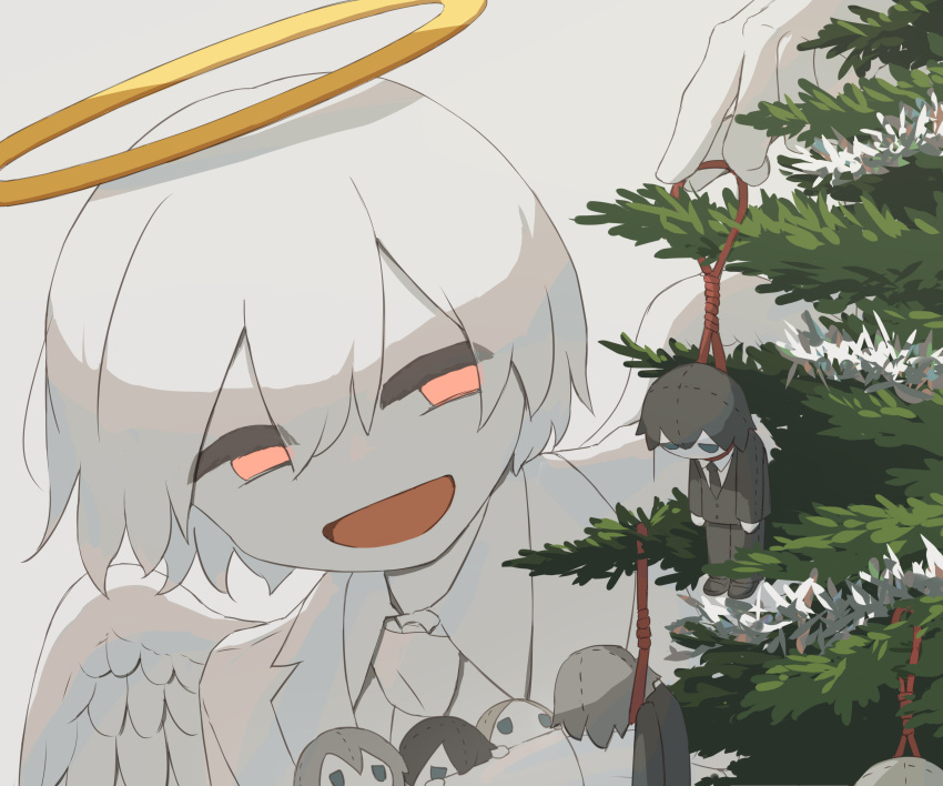 1boy absurdres angel angel_wings avogado6 christmas_ornaments christmas_tree colored_skin commentary_request feathered_wings halo hanged highres jacket male_focus medium_hair original red_eyes simple_background solo symbolism white_background white_hair white_jacket white_skin white_wings wings