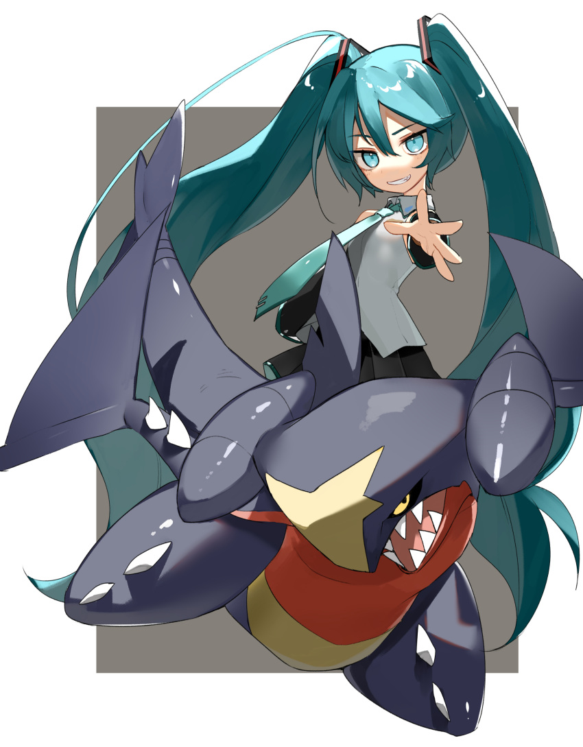 1girl absurdres bangs black_skirt collared_shirt crossover floating_hair garchomp gen_4_pokemon green_hair green_neckwear grey_shirt grin hair_between_eyes hair_ornament hatsune_miku highres long_hair looking_at_viewer necktie outstretched_arm pleated_skirt pokemon pokemon_(creature) reirou_(chokoonnpu) shiny shiny_hair shirt skirt sleeveless sleeveless_shirt smile spread_fingers symbol-only_commentary teeth twintails very_long_hair vocaloid
