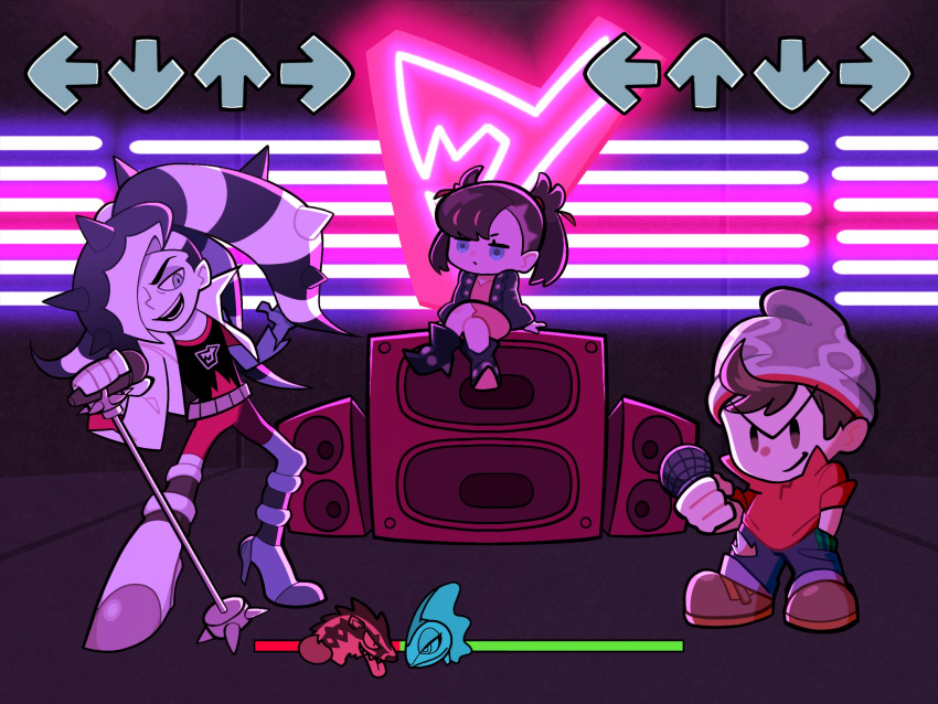 1girl 2boys beanie black_hair black_jacket brown_hair chibi commentary_request crossed_legs faceoff friday_night_funkin' gameplay_mechanics gen_8_pokemon gym_leader hat highres holding holding_microphone inteleon jacket looking_at_another marnie_(pokemon) microphone microphone_stand multicolored_hair multiple_boys obstagoon parody piers_(pokemon) pokemon pokemon_(game) pokemon_battle pokemon_swsh sitting speaker twintails two-tone_hair two_side_up victor_(pokemon) white_hair white_jacket