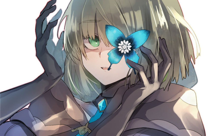 1boy :d bangs blue_butterfly brown_gloves brown_jacket bug butterfly elbow_gloves gloves green_eyes green_hair gretel_(sinoalice) hair_between_eyes insect jacket looking_at_viewer open_mouth otoko_no_ko short_hair simple_background sinoalice smile tareraku white_background