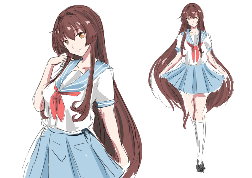 1girl alternate_costume alternate_hairstyle blue_sailor_collar blue_skirt brown_eyes brown_hair cowboy_shot dress full_body hair_down highres kantai_collection ken_(shutenndouji1) kneehighs long_hair looking_at_viewer pleated_dress sailor_collar school_uniform serafuku simple_background skirt skirt_hold solo white_background white_legwear yamato_(kancolle)