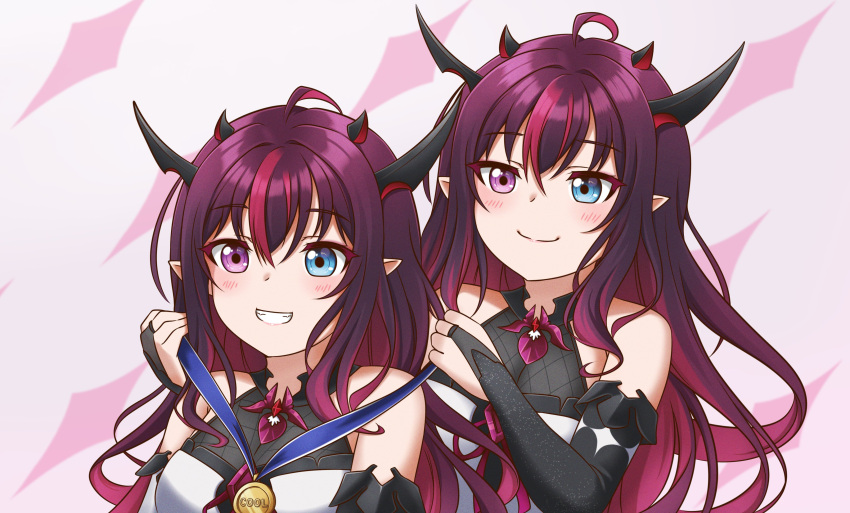 2girls absurdres bangs blue_eyes blush breasts detached_sleeves english_commentary eyebrows_visible_through_hair hair_behind_ear hair_between_eyes heterochromia highres hololive hololive_english irys_(hololive) jan_azure looking_ahead medal medium_breasts multiple_girls pointy_ears purple_hair smile violet_eyes virtual_youtuber