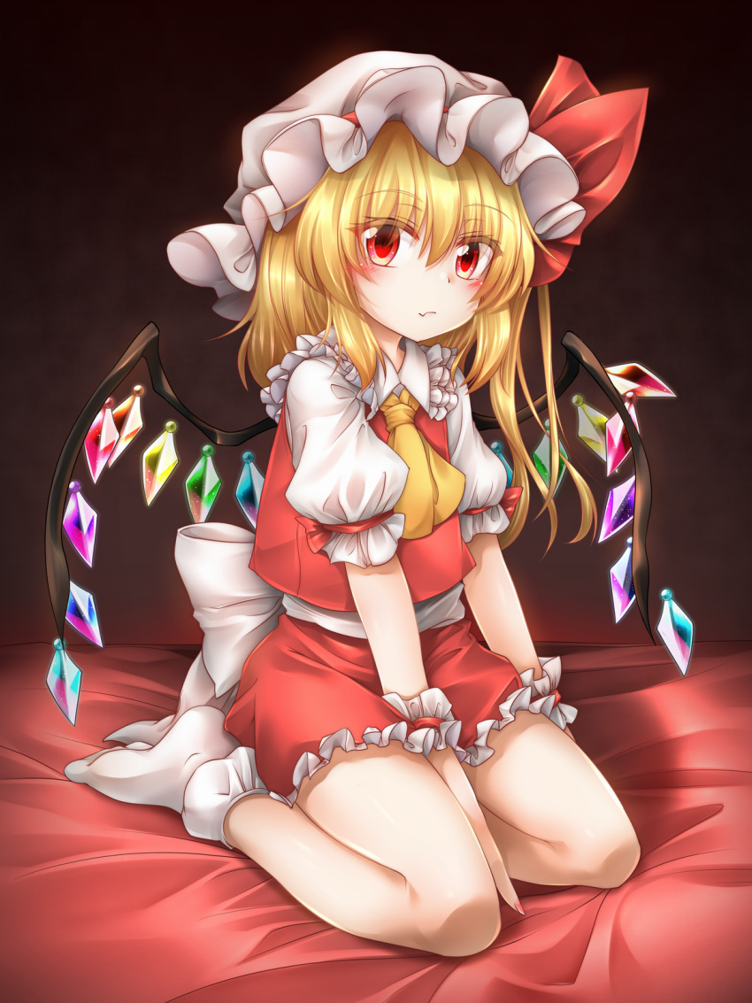 1girl bangs bed blonde_hair blush brown_background closed_mouth collar crystal eyebrows_visible_through_hair eyes_visible_through_hair flandre_scarlet frills hair_between_eyes hat hat_ribbon highres jewelry looking_at_viewer marukyuu_ameya miniskirt mob_cap multicolored multicolored_wings no_shoes on_bed one_side_up puffy_short_sleeves puffy_sleeves red_eyes red_ribbon red_skirt red_vest ribbon ribbon-trimmed_sleeves ribbon_trim seiza shirt short_hair short_sleeves simple_background sitting sitting_on_bed skirt socks solo touhou vest wall white_collar white_headwear white_legwear white_shirt white_sleeves wings wrist_cuffs yellow_neckwear