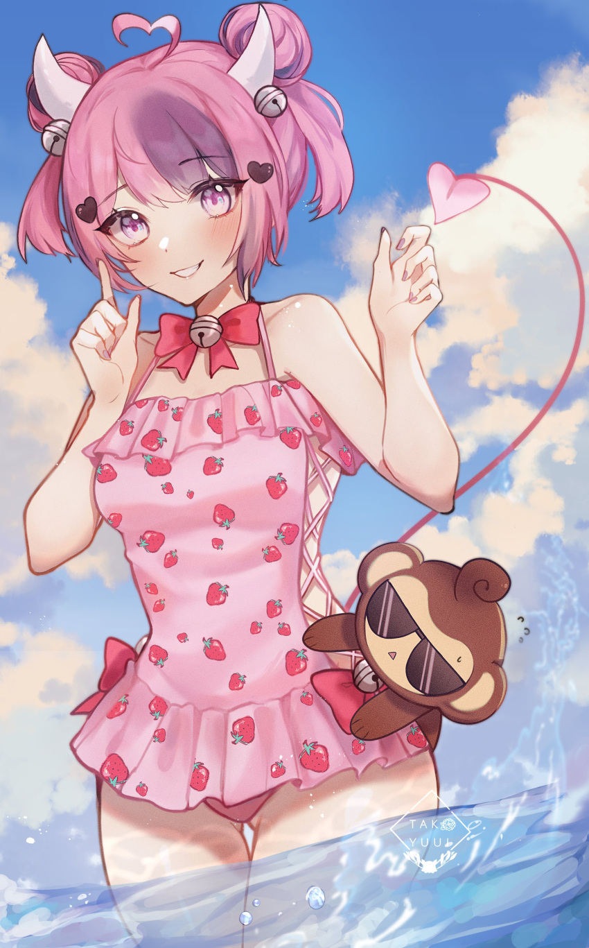 absurdres bangs bell blush breasts clouds demon_girl demon_horns demon_tail double_bun english_commentary eyebrows_visible_through_hair hair_ornament heart heart_hair_ornament highres horns ironmouse looking_at_viewer monkey multicolored_hair one-piece_swimsuit pink_swimsuit purple_hair sky small_breasts smile streaked_hair sunglasses swimsuit swimsuit_skirt tail tako_yuui violet_eyes virtual_youtuber vshojo