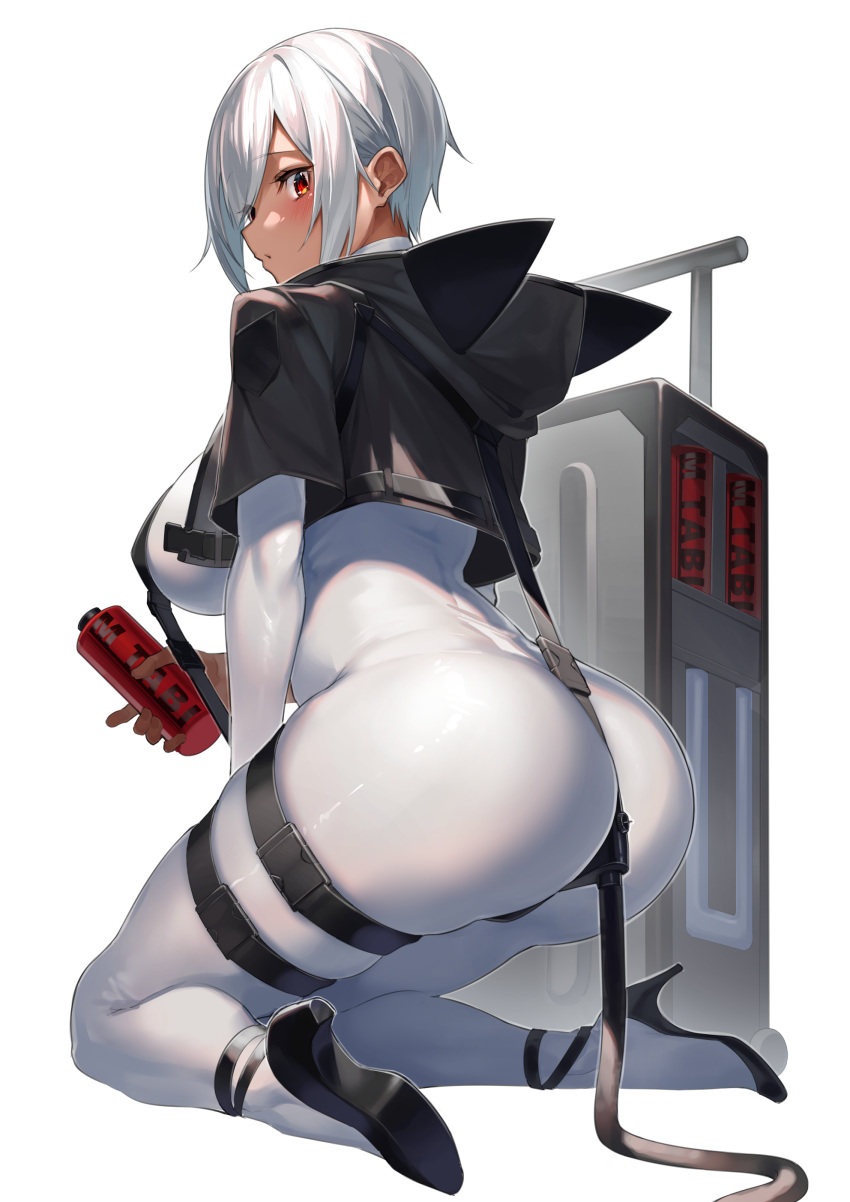 1girl :o absurdres animal_ears animal_hood arched_back ass between_buttocks bodystocking bodysuit breasts cat_ears cat_girl cat_hood cat_tail dark-skinned_female dark_skin high_heels highres hood hood_down kneeling large_breasts looking_at_viewer looking_back original red_eyes sideboob skin_tight skindentation solo strap suitcase tail thick_thighs thigh_strap thighs white_hair yamanokami_eaka