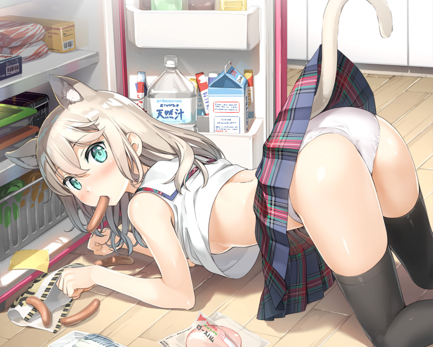 1girl all_fours animal_ears aqua_eyes ass bag bare_shoulders black_legwear blush bottle breasts cat_ears cat_tail clothes_lift commentary crop_top eating extra_ears eyebrows_visible_through_hair food from_behind highres kantoku light_brown_hair long_hair looking_at_viewer mouth_hold original panties pleated_skirt refrigerator refrigerator_interior sausage skirt skirt_lift sleeveless solo tail thigh-highs underwear uniform white_panties