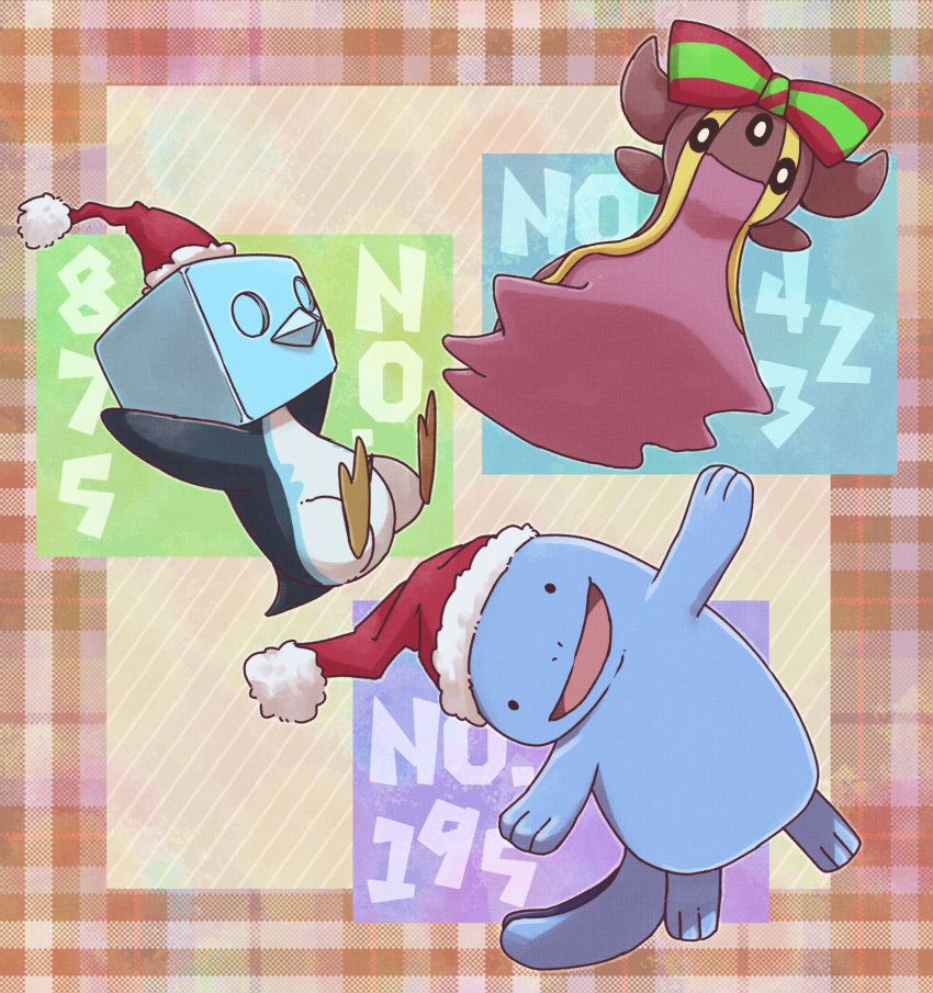 absurdres bow closed_mouth commentary_request eiscue eiscue_(ice) gastrodon gastrodon_(west) hat hatted_pokemon highres kotobukkii_(yt_lvlv) no_humans open_mouth pokedex_number pokemon pokemon_(creature) quagsire red_headwear santa_hat smile tongue