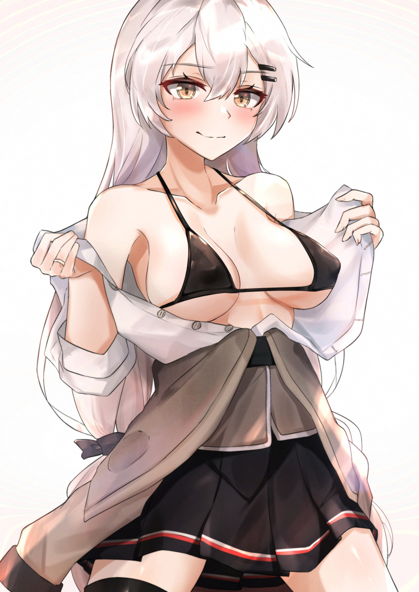 1girl absurdres bangs bare_shoulders black_bra black_skirt blush bra breasts brown_jacket closed_mouth clothes_pull collarbone eyebrows_visible_through_hair girls_frontline highres jacket jacket_pull jewelry long_hair looking_at_viewer medium_breasts muteppona_hito ring shirt shirt_pull silver_hair sitting skirt smile solo svd_(girls_frontline) underwear white_background white_shirt yellow_eyes