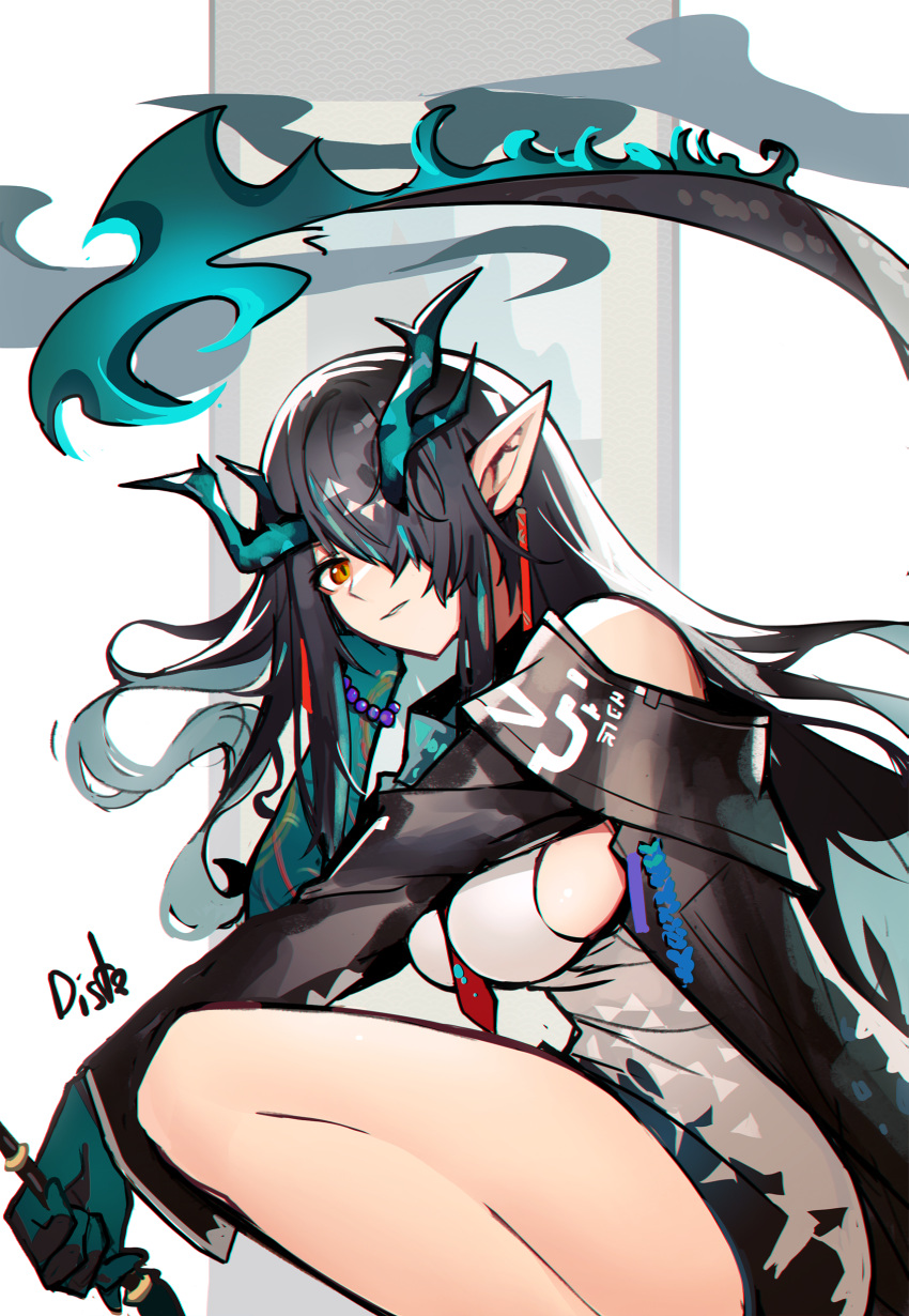 1girl absurdres arknights artist_name bare_legs bead_bracelet beads black_hair black_jacket bracelet breasts colored_skin commentary distr dragon_horns dragon_tail dress dusk_(arknights) earrings english_commentary feet_out_of_frame gradient_dress green_hair green_skin grey_dress hair_over_one_eye highres holding holding_paintbrush horns jacket jewelry large_breasts long_hair long_sleeves looking_at_viewer multicolored_hair necktie off_shoulder one_eye_covered orange_eyes paintbrush parted_lips pointy_ears red_neckwear sideboob solo squatting streaked_hair tail white_background white_dress