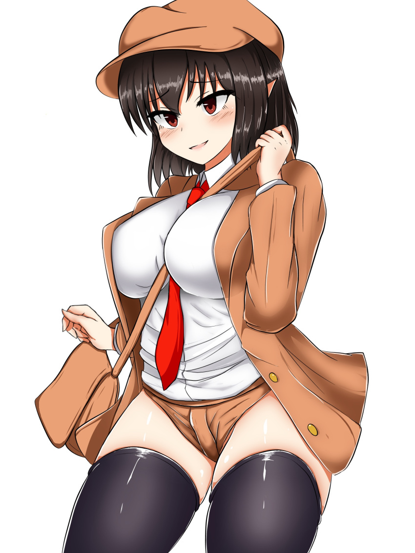 1girl adapted_costume alternate_costume bag black_hair black_legwear breasts brown_bag brown_eyes brown_headwear brown_jacket brown_shorts cabbie_hat collared_shirt commentary_request curvy flat_cap hat highres isshin_(sasayamakids) jacket large_breasts long_sleeves messenger_bag necktie open_mouth pointy_ears red_necktie shameimaru_aya shameimaru_aya_(newsboy) shirt short_shorts shorts shoulder_bag simple_background skindentation suit_jacket textless thigh-highs thighs touhou white_background white_shirt