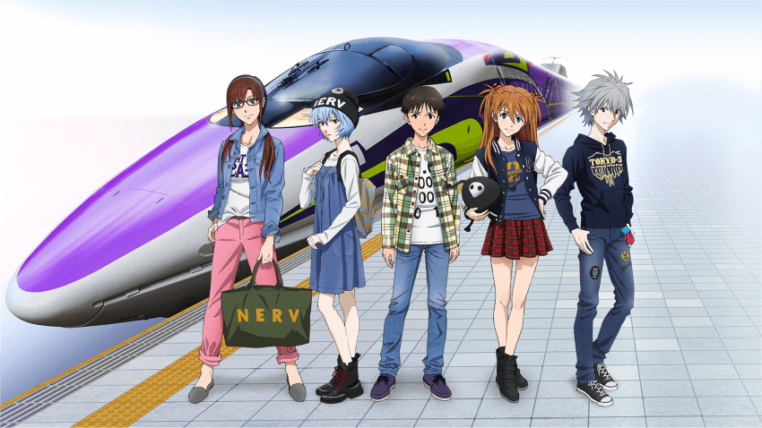 2boys 3girls archived_source ayanami_rei bag blue_hair brown_hair casual cosplay denim denim_jacket eva_01 eva_01_(cosplay) grey_hair highres holding holding_bag hood hoodie ikari_shinji jeans looking_at_viewer makinami_mari_illustrious multiple_boys multiple_girls nagisa_kaworu neon_genesis_evangelion official_art orange_hair pants plaid plaid_shirt promotional_art shinkansen shirt souryuu_asuka_langley stuffed_toy themed_object