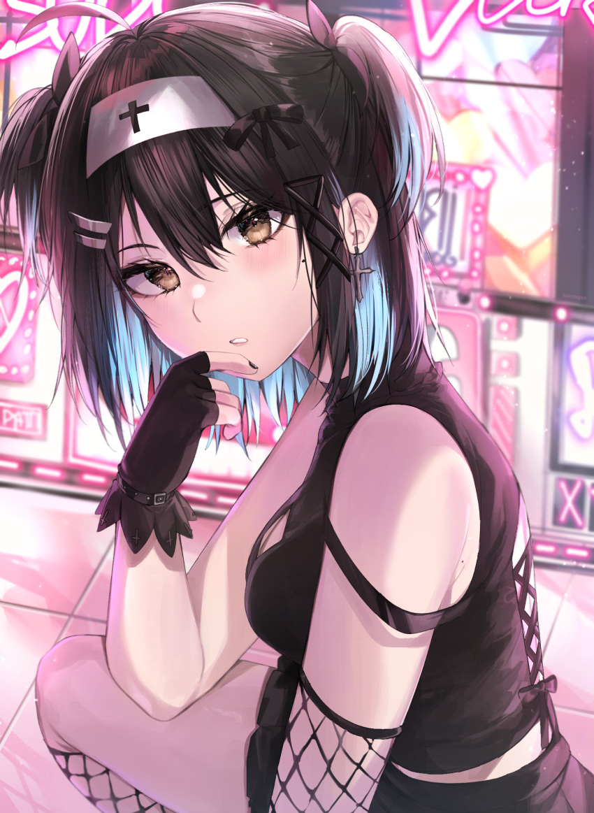 1girl ahoge bangs black_nails black_skirt blurry blurry_background breasts brown_eyes cleavage_cutout clothing_cutout commentary cross cross_earrings cross_print earrings fingerless_gloves fishnet_legwear fishnets foreshortening from_side gloves hair_ornament hair_ribbon hairband hand_up headband highres jewelry kanniiepan kneehighs looking_at_viewer medium_breasts multicolored_hair original parted_lips ribbon shirt skirt solo teeth two_side_up white_hair x_hair_ornament
