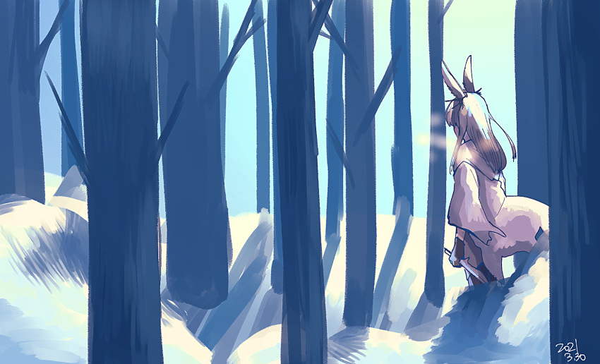 1girl animal_ears arknights black_gloves blue_sky breath cloak commentary_request dated facing_away forest from_behind frostnova_(arknights) gloves highres holding holding_knife kawaii_inu5 knife long_hair nature outdoors rabbit_ears sky snow solo white_cloak white_hair