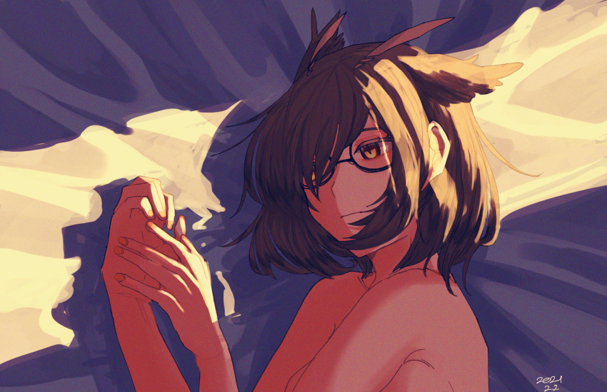 1girl arknights bangs brown_hair closed_mouth commentary_request dated feather_hair from_above glasses hair_over_one_eye highres kawaii_inu5 lying nude on_bed on_side short_hair silence_(arknights) solo sunlight upper_body