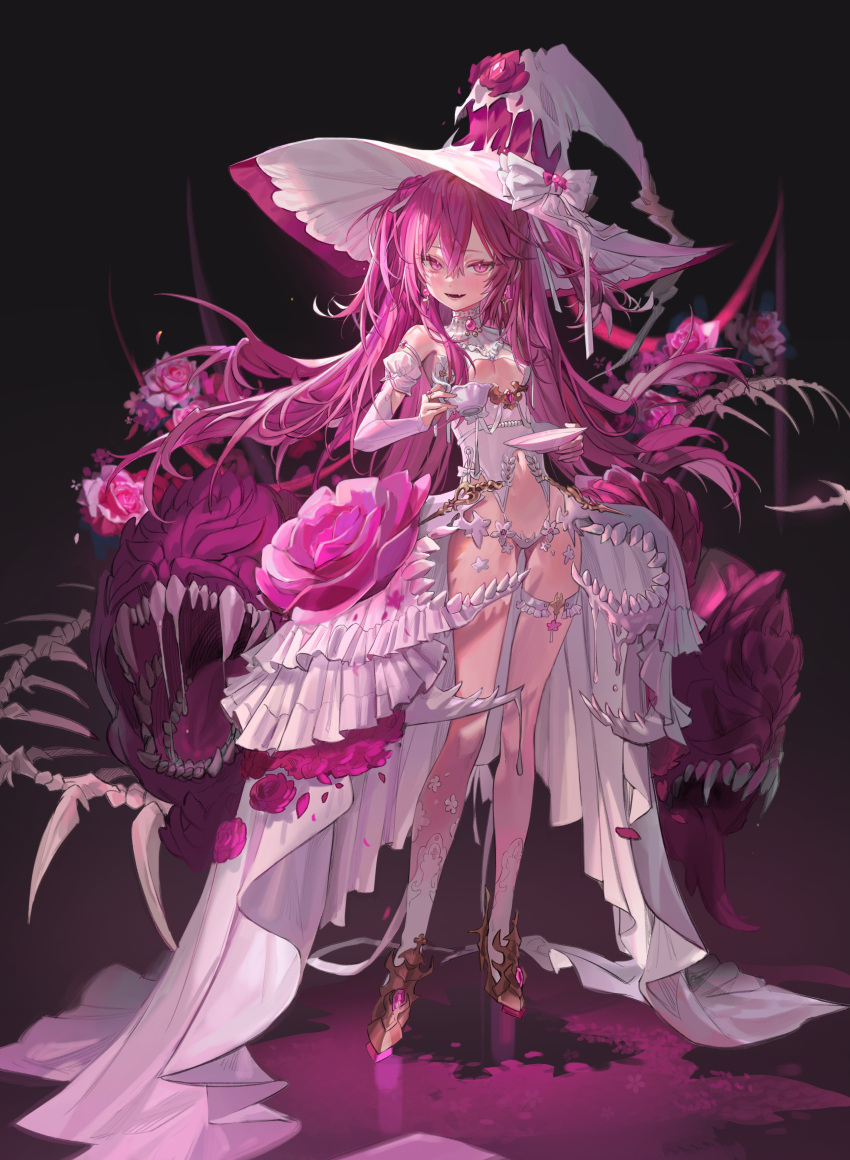 1girl :d absurdres bare_shoulders breasts center_opening choker cleavage_cutout clothing_cutout cup detached_sleeves dress earrings fang flower freng full_body hat high_heels highres jewelry juliet_sleeves long_dress long_hair long_legs long_sleeves looking_at_viewer monster navel open_mouth original panties pink_eyes pink_flower pink_hair pink_theme puffy_sleeves revealing_clothes rose saucer showgirl_skirt small_breasts smile socks solo standing stomach teacup thigh_strap thighs two_side_up underwear very_long_hair white_choker white_dress white_headwear white_legwear white_panties witch_hat