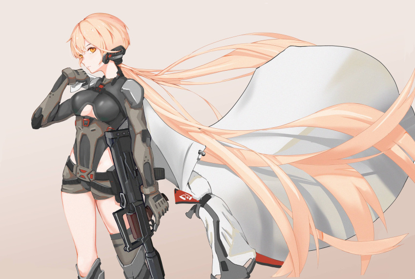 1girl absurdres alternate_costume armor belt blonde_hair breasts camouflage camouflage_shorts cloak closed_mouth eyebrows_visible_through_hair feet_out_of_frame girls_frontline girls_frontline_2:_exilium gloves grey_gloves headphones highres holding holding_weapon long_hair looking_at_viewer medium_breasts mo_geng ots-14_(girls_frontline) shorts simple_background solo_focus standing under_boob weapon white_cloak yellow_eyes