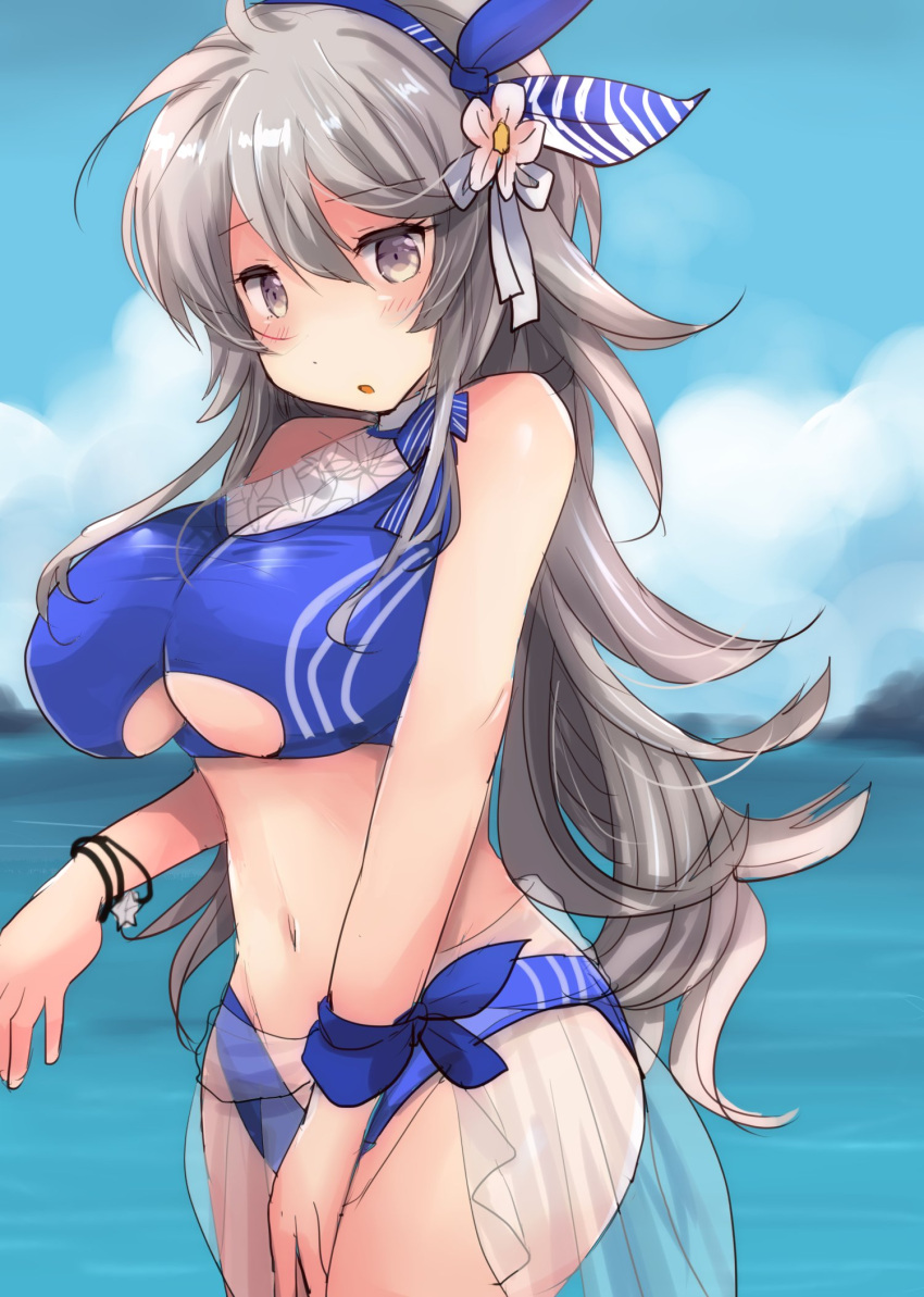 1girl alternate_costume beach bikini blue_bikini blue_sky blush breasts cleavage_cutout clothing_cutout clouds day eyebrows_visible_through_hair flower grey_eyes hair_between_eyes hair_flower hair_ornament hairband highres hirune_(konekonelkk) island kantai_collection large_breasts long_hair looking_at_viewer navel ocean official_alternate_costume open_mouth outdoors silver_hair sky solo swimsuit tree washington_(kancolle) water white_bikini