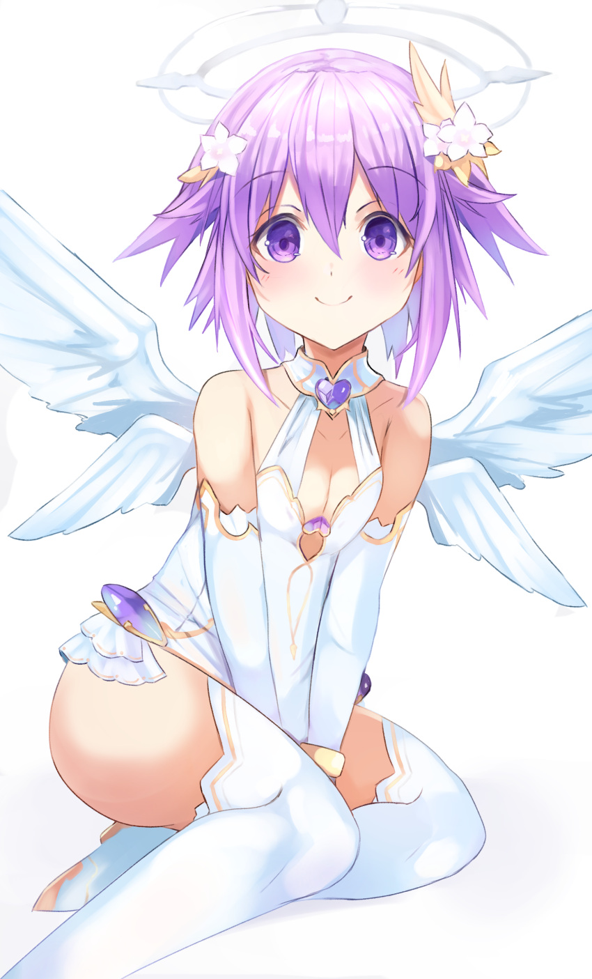 1girl absurdres angel angel_wings bare_shoulders bimmy feathered_wings flower four_goddesses_online:_cyber_dimension_neptune hair_ornament halo highres neptune_(neptune_series) neptune_(series) open_mouth purple_hair short_hair solo violet_eyes white_wings wings